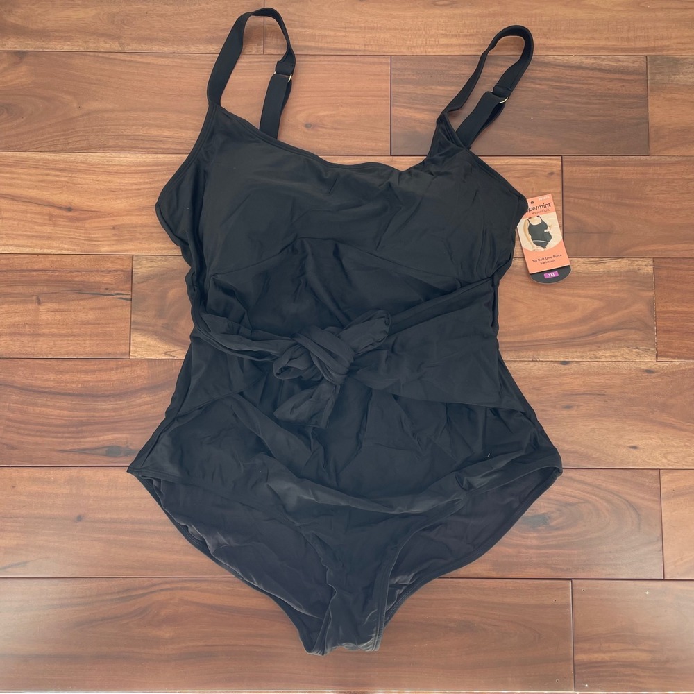 Shapermint Essentials Black Tie Belt One Piece Swimsuit Style 81010 Size 2XL - Picture 2 of 7